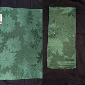 Bardwil Linens Placemats & Napkin Winter Joy Green Damask Poinsettias Christmas